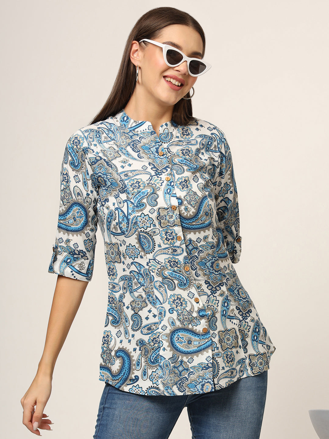 White & Blue Printed Rayon Fabric Shirt Style Top