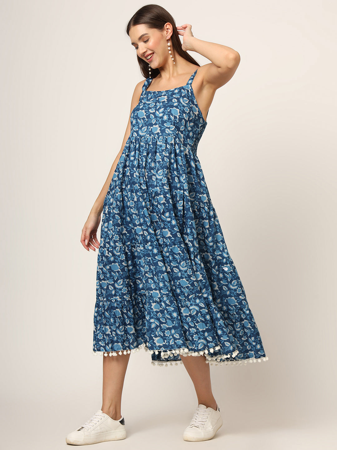 Sky Blue Printed Cotton Fabric Fit & Flare Dress