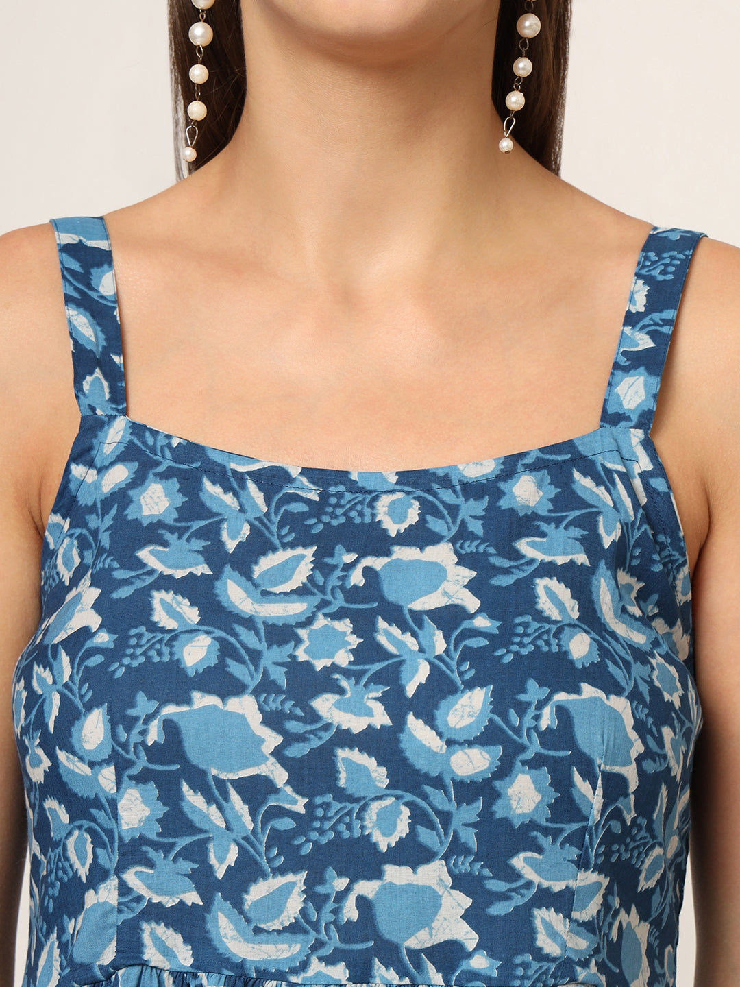 Sky Blue Printed Cotton Fabric Fit & Flare Dress
