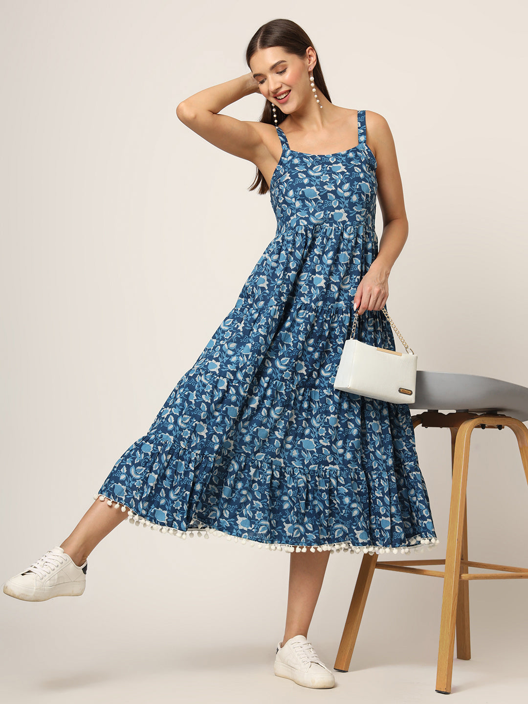 Sky Blue Printed Cotton Fabric Fit & Flare Dress