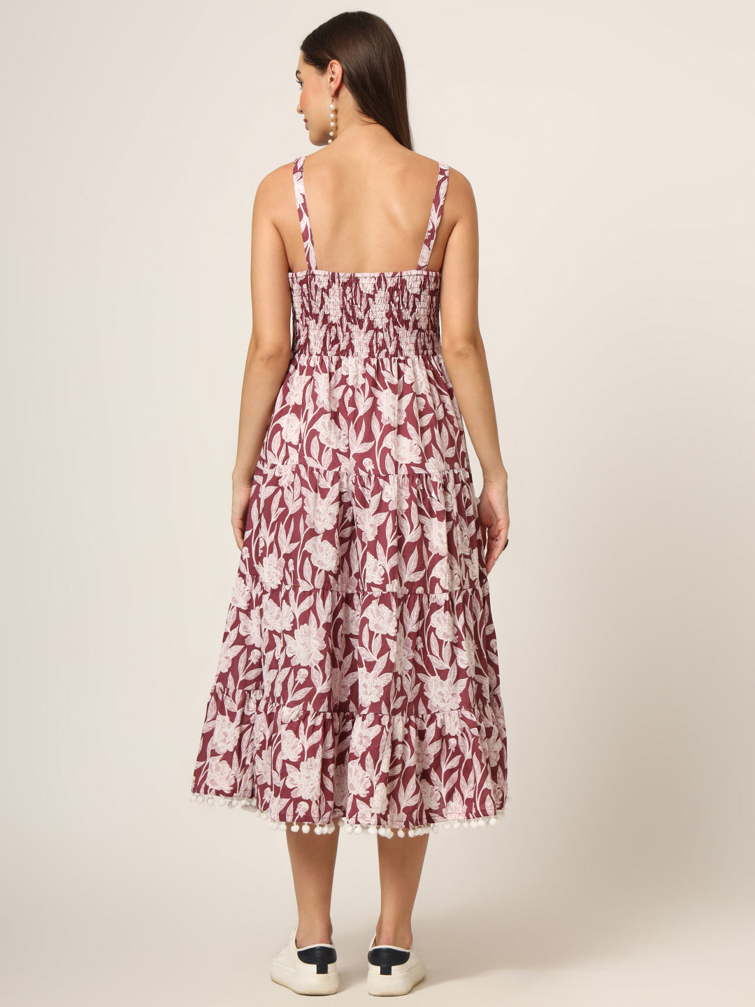 Burgundy Printed Cotton Fabric Fit & Flare Dress