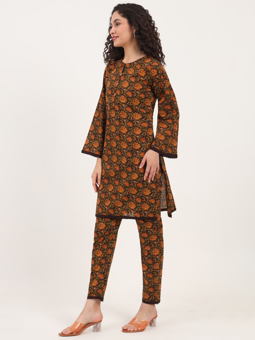 Brown Floral Print Cotton Fabric Straight Kurta with Trouser