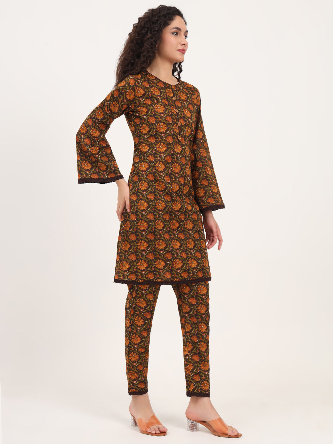 Brown Floral Print Cotton Fabric Straight Kurta with Trouser