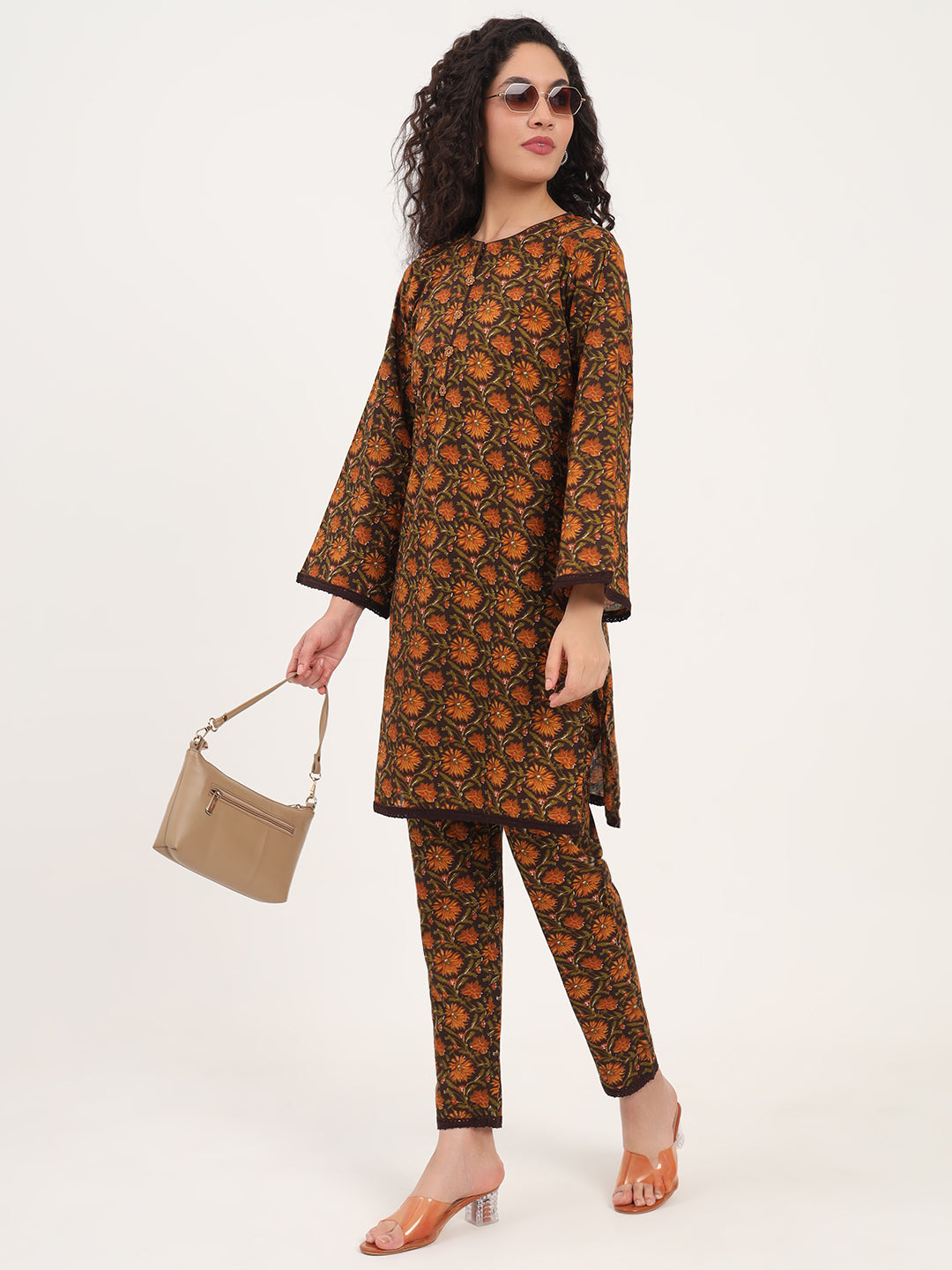Brown Floral Print Cotton Fabric Straight Kurta with Trouser