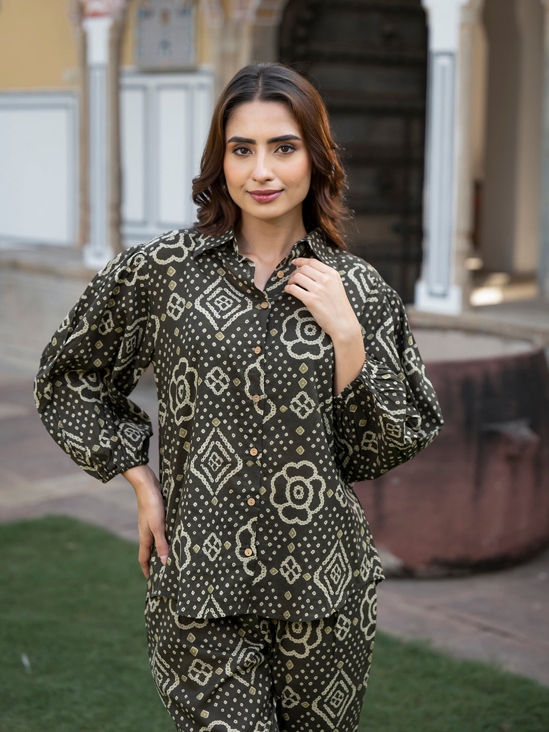 Brown Floral Print Pure Cotton Straight Co-ord Set
