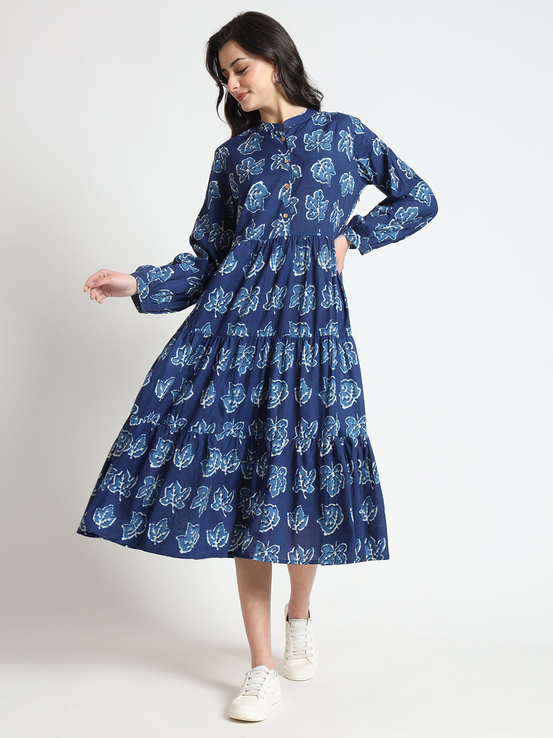 Blue Floral Print Cotton Fabric Flared Dress