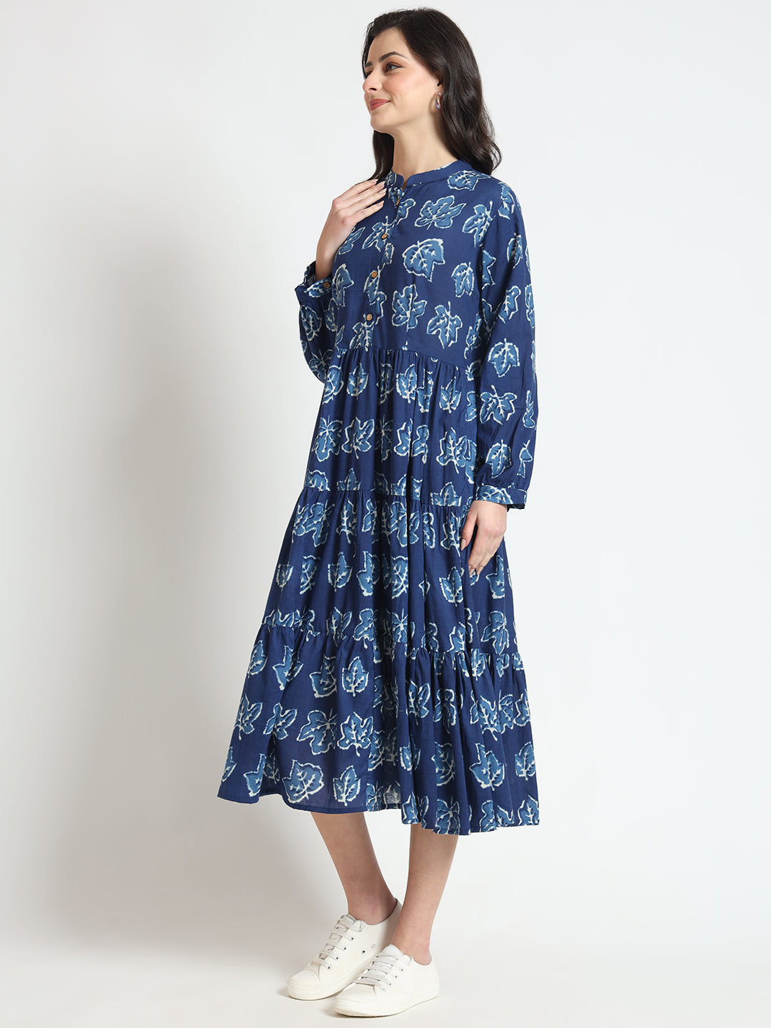Blue Floral Print Cotton Fabric Flared Dress