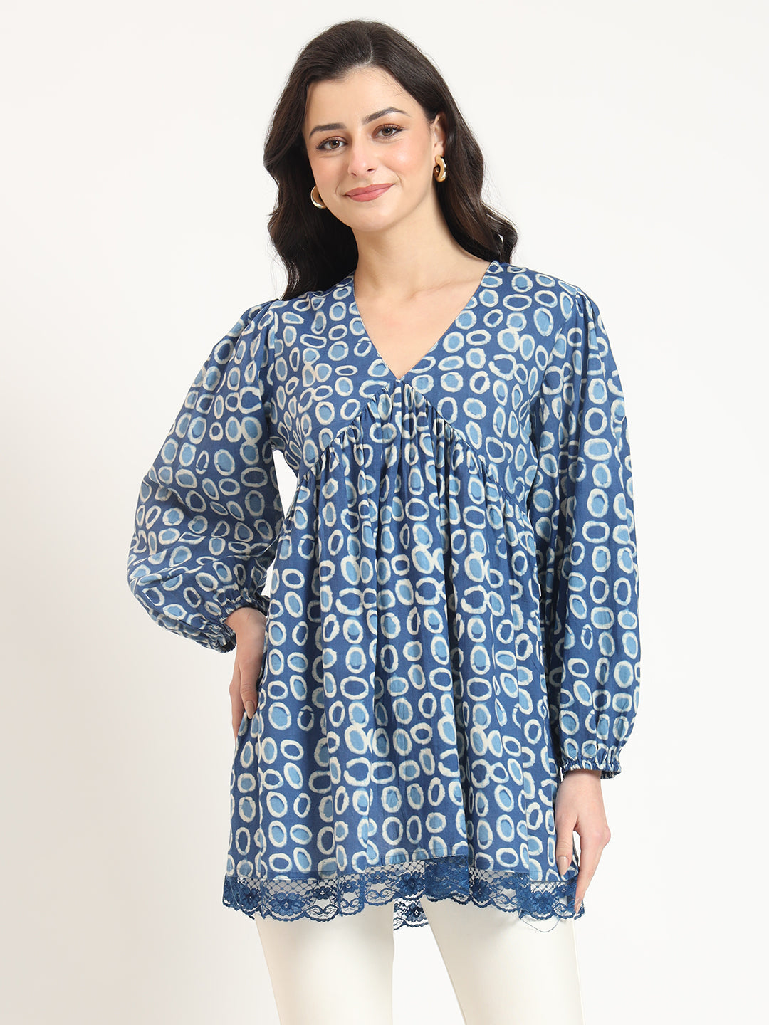 Blue Cotton V-Neck Top