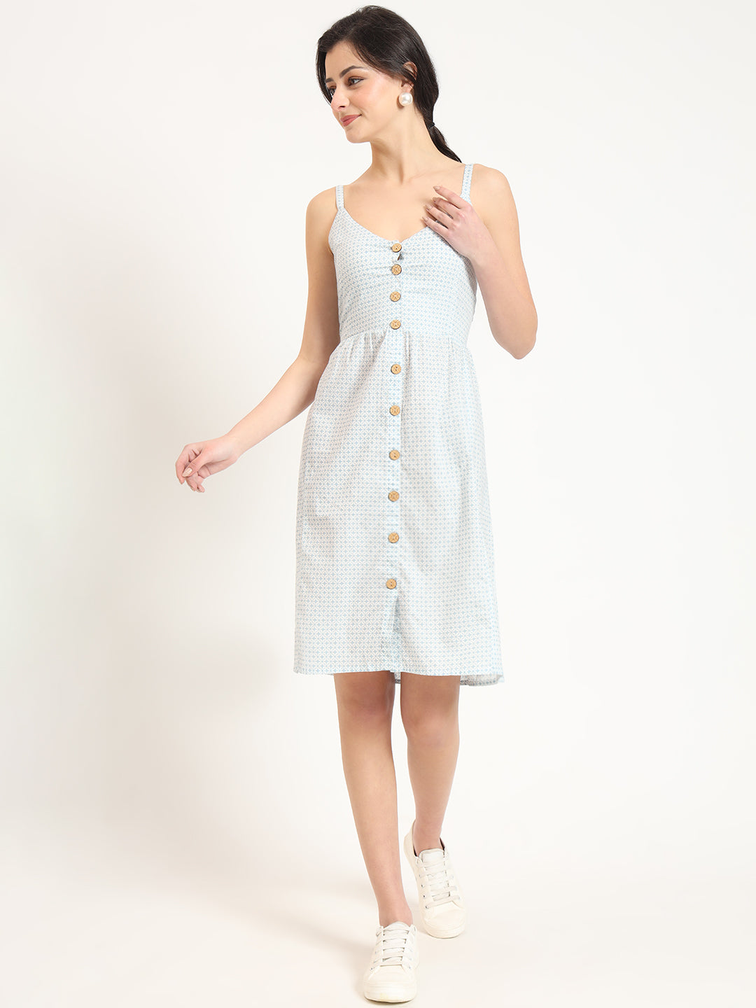 Blue Ethnic Motif Shoulder Strip Dress