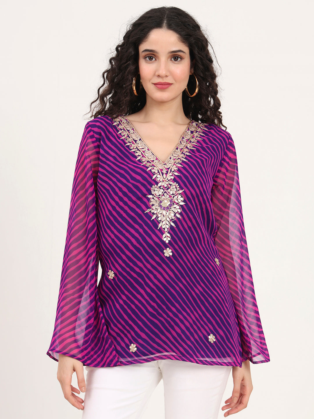 Purple Leheriya Gotta Patti Work Geogratte V Neck Top