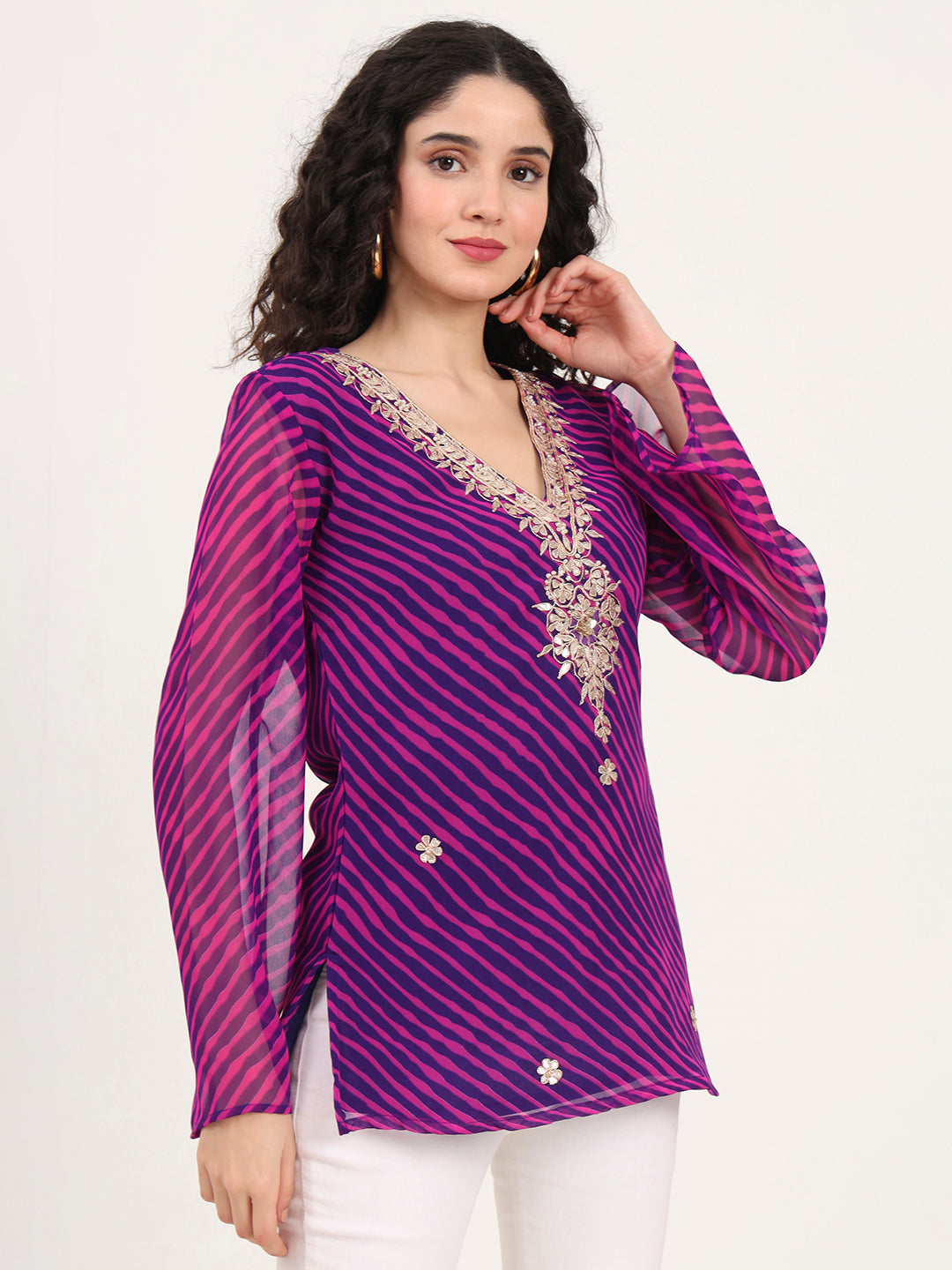 Purple Leheriya Gotta Patti Work Geogratte V Neck Top