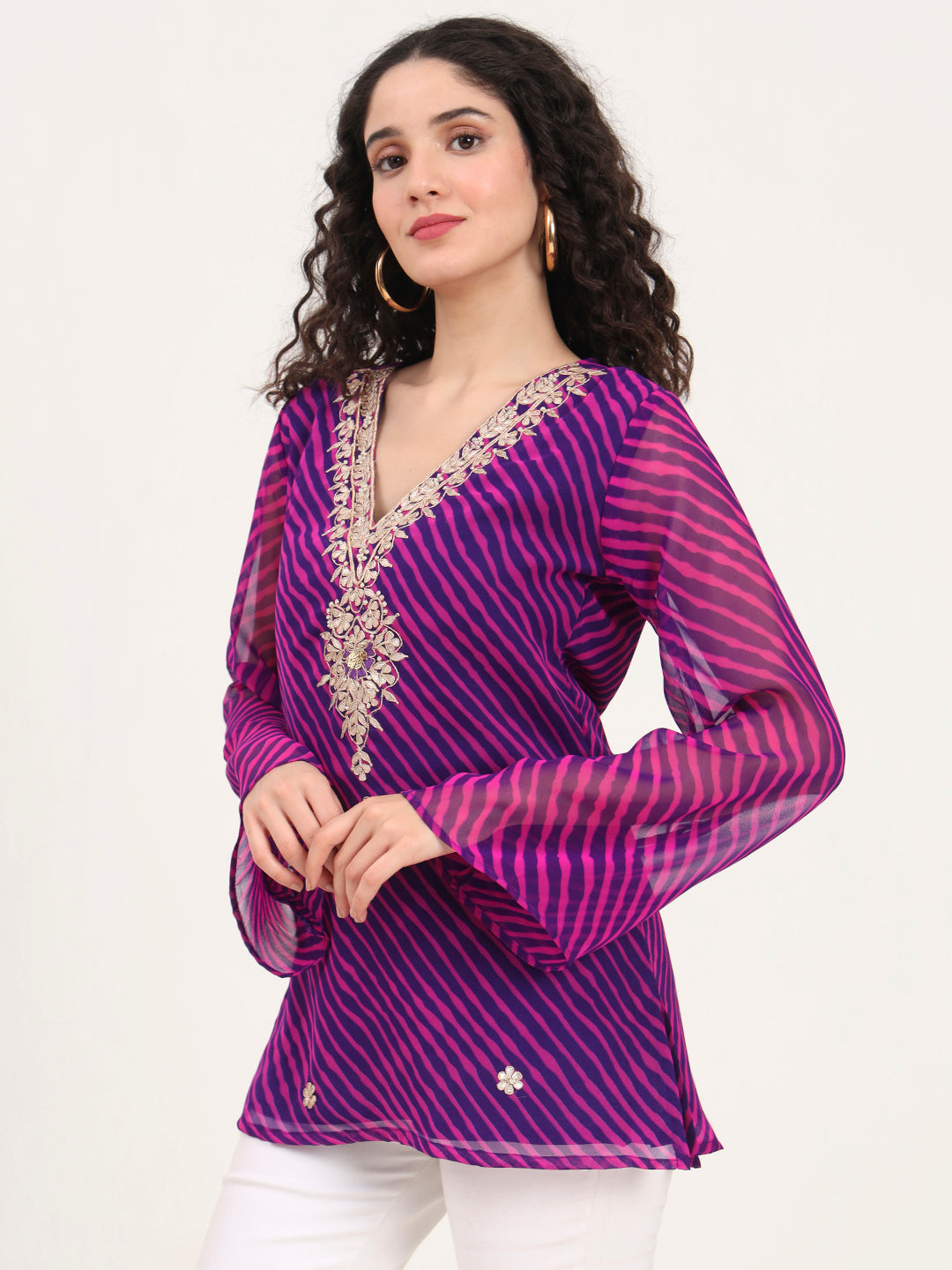 Purple Leheriya Gotta Patti Work Geogratte V Neck Top