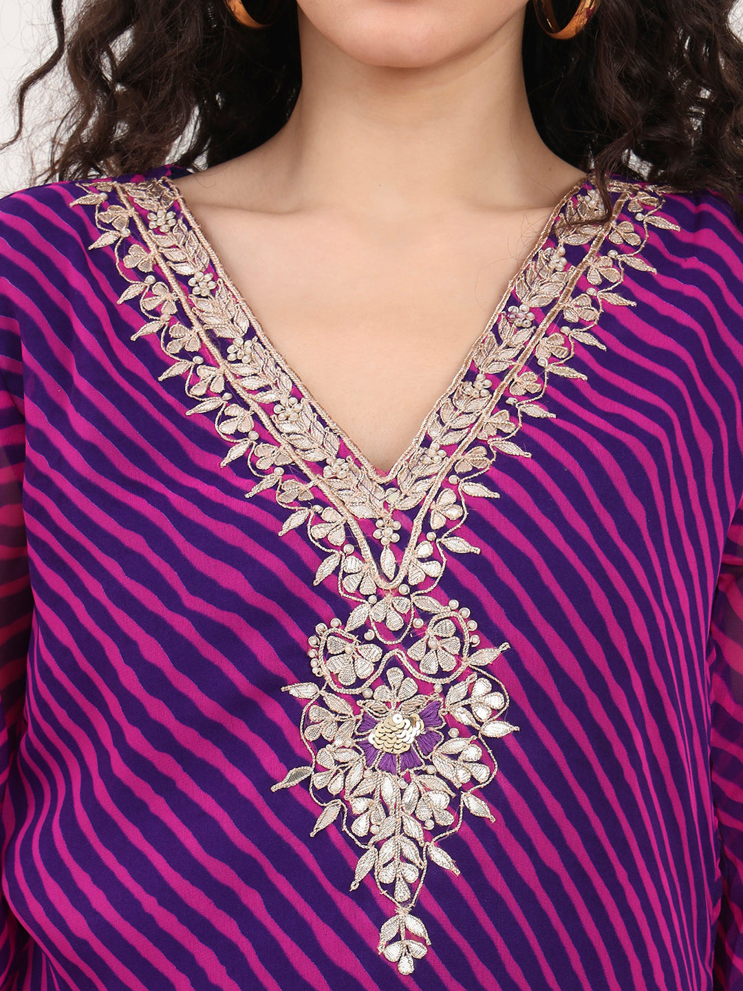 Purple Leheriya Gotta Patti Work Geogratte V Neck Top