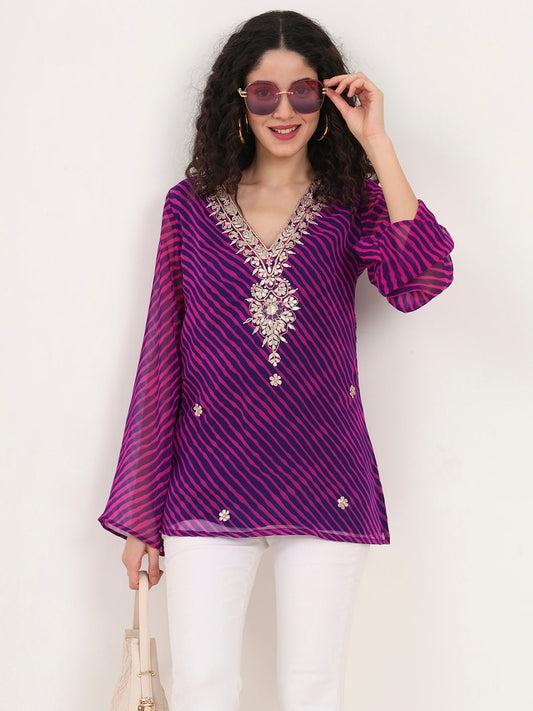Purple Leheriya Gotta Patti Work Geogratte V Neck Top