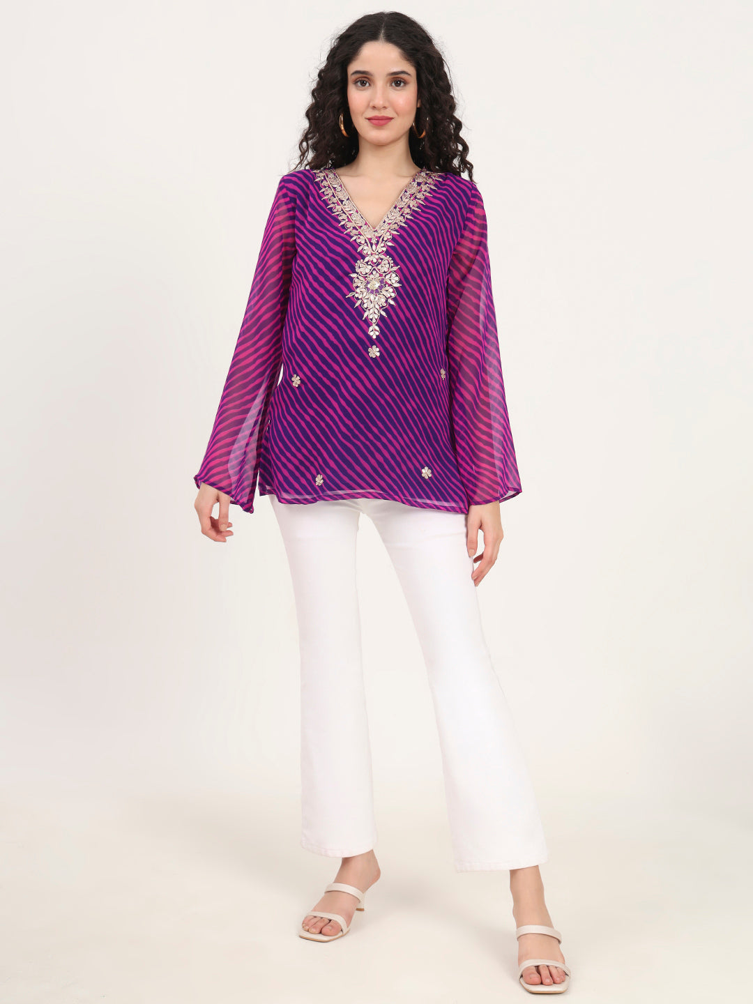 Purple Leheriya Gotta Patti Work Geogratte V Neck Top