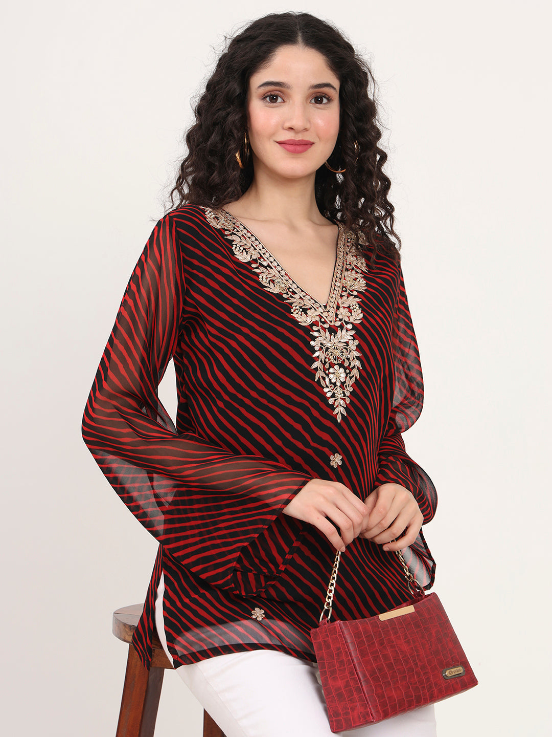 Black Leheriya Gotta Patti Work Geogratte V Neck Top