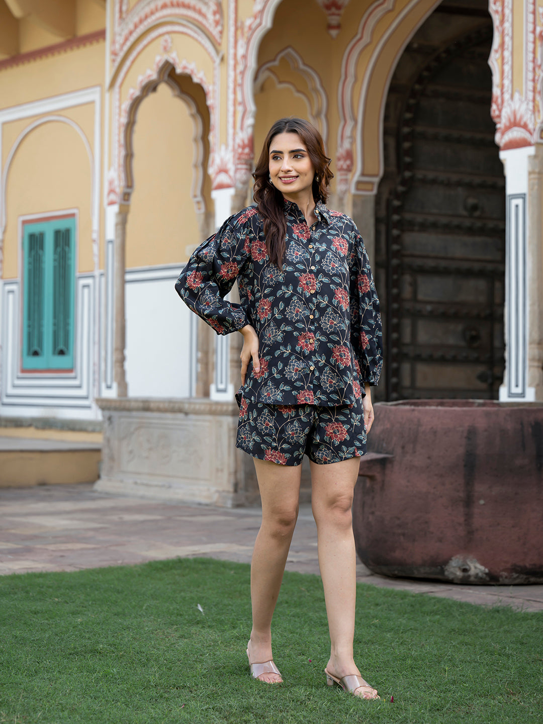 Dark Blue Floral Print Rayon Fabric  Shirts Shorts With Crop Top three Piece set