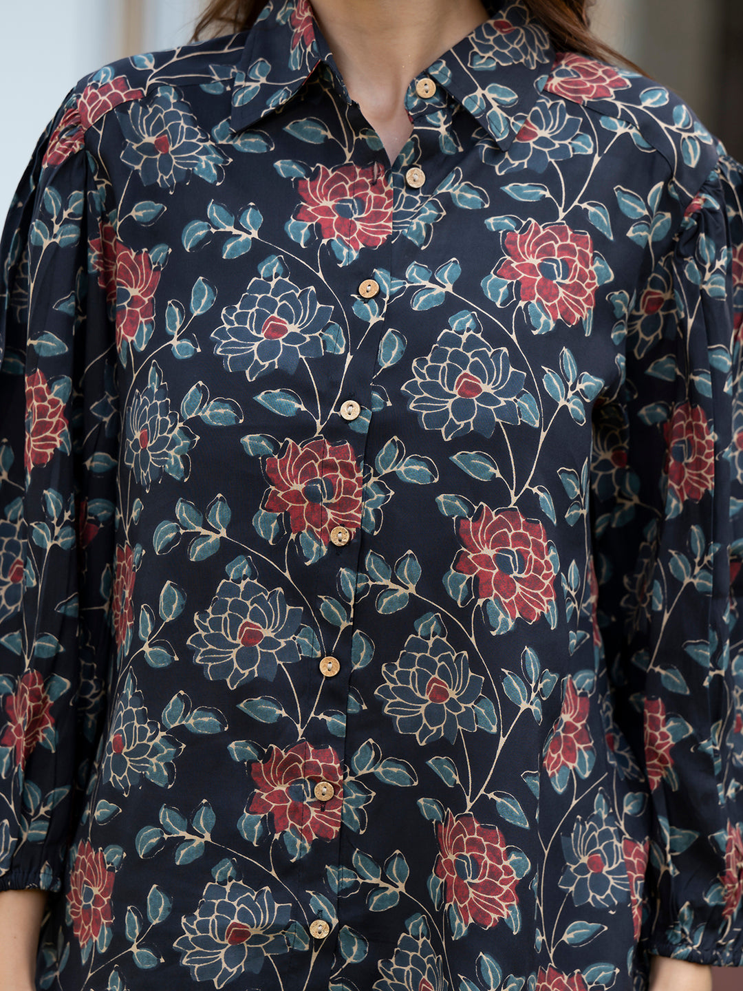 Dark Blue Floral Print Rayon Fabric  Shirts Shorts With Crop Top three Piece set