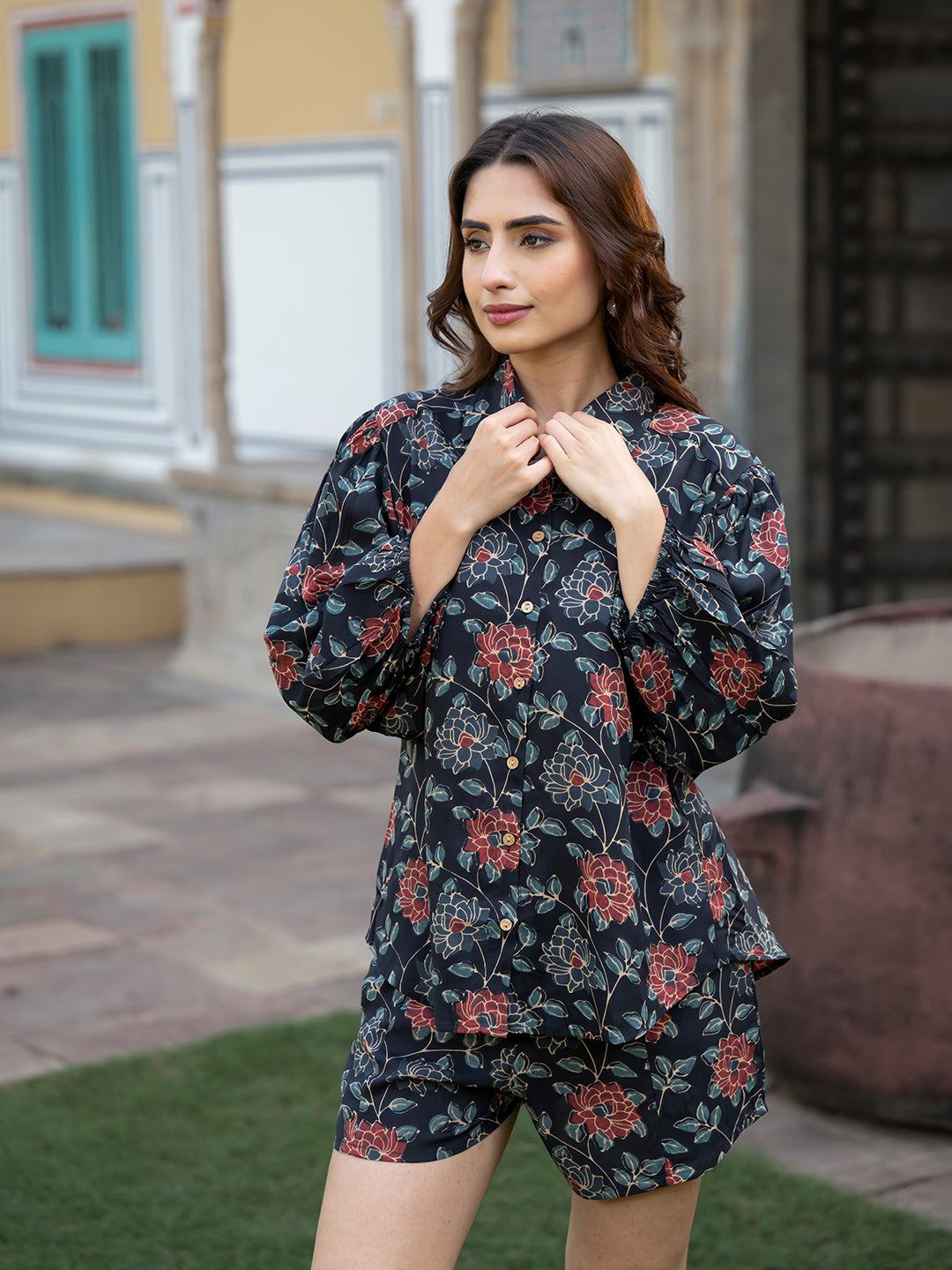 Dark Blue Floral Print Rayon Fabric  Shirts Shorts With Crop Top three Piece set