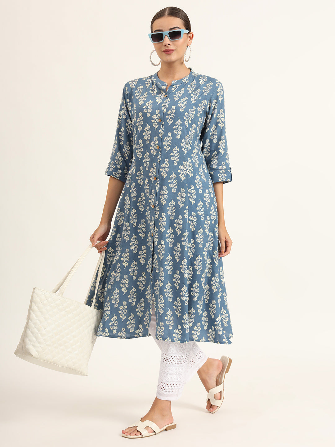 Blue Floral Print Pure Cotton Straight Kurta