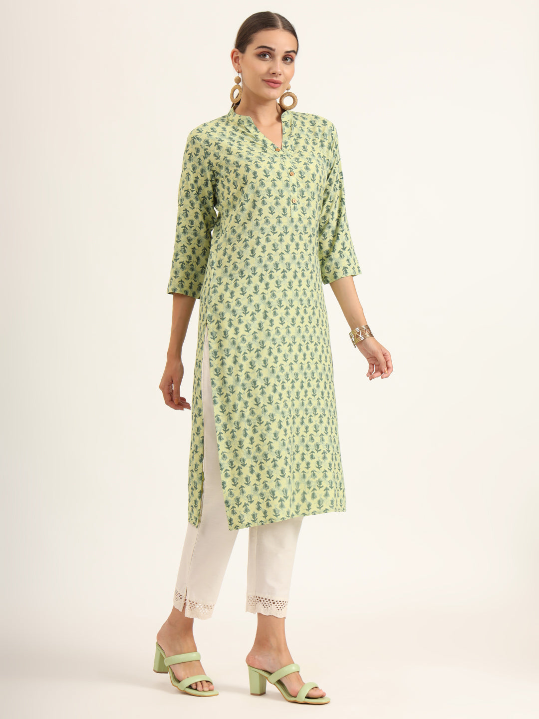 Green Floral Print Pure Cotton Straight Kurta
