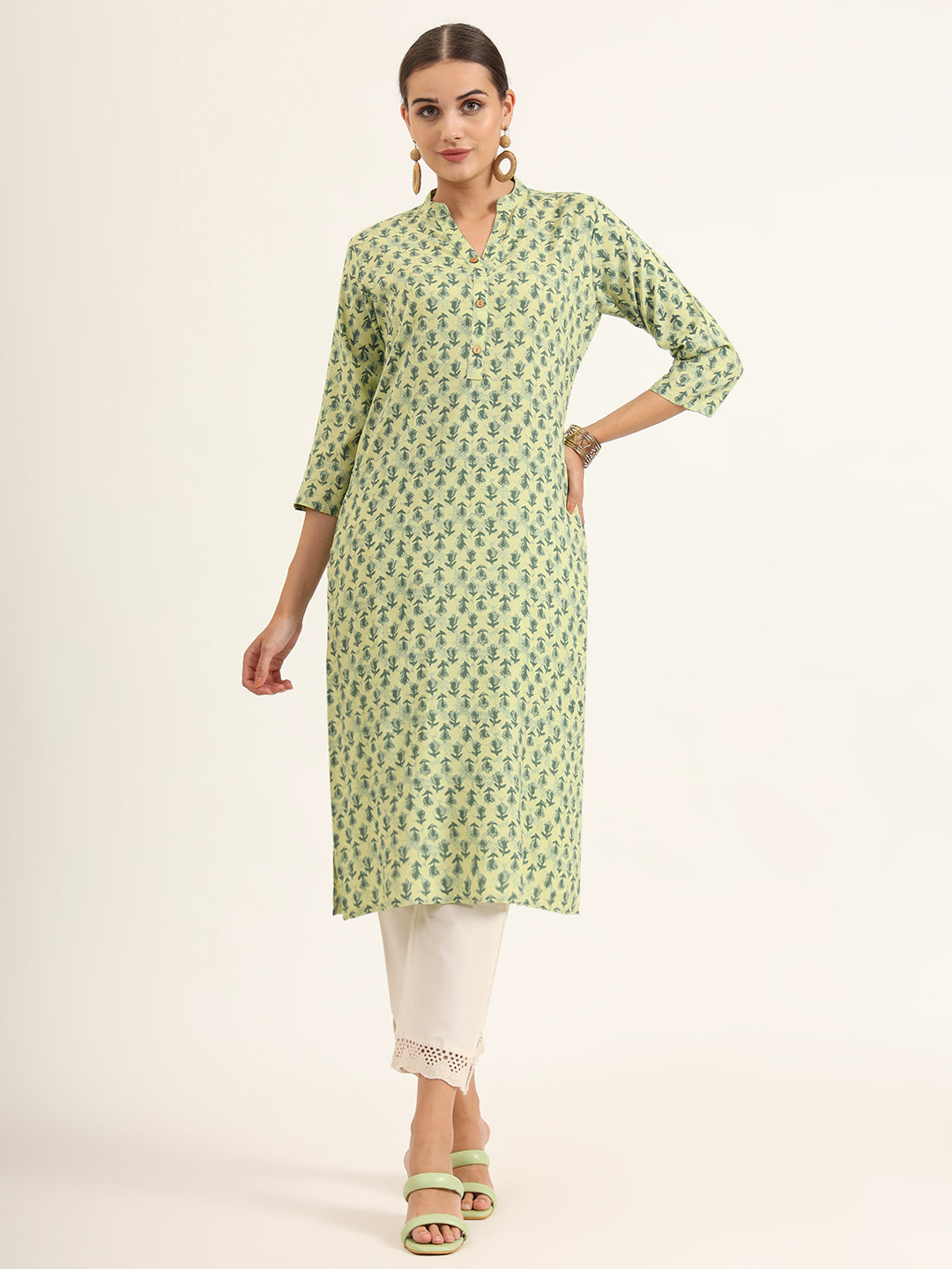 Green Floral Print Pure Cotton Straight Kurta