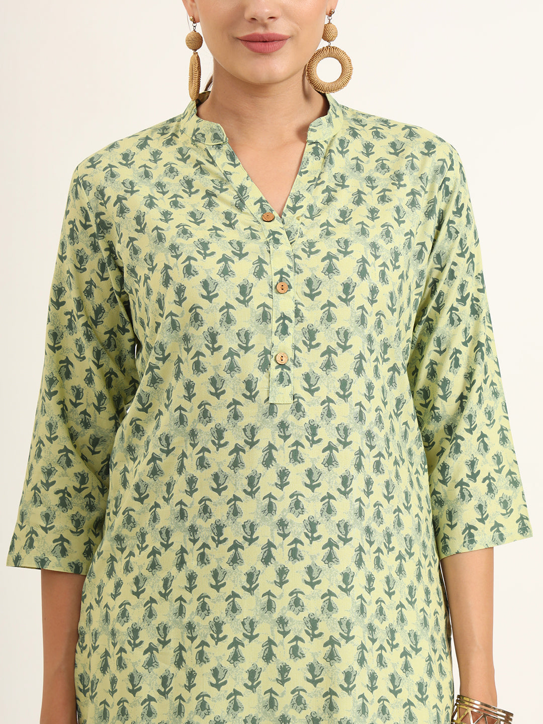 Green Floral Print Pure Cotton Straight Kurta