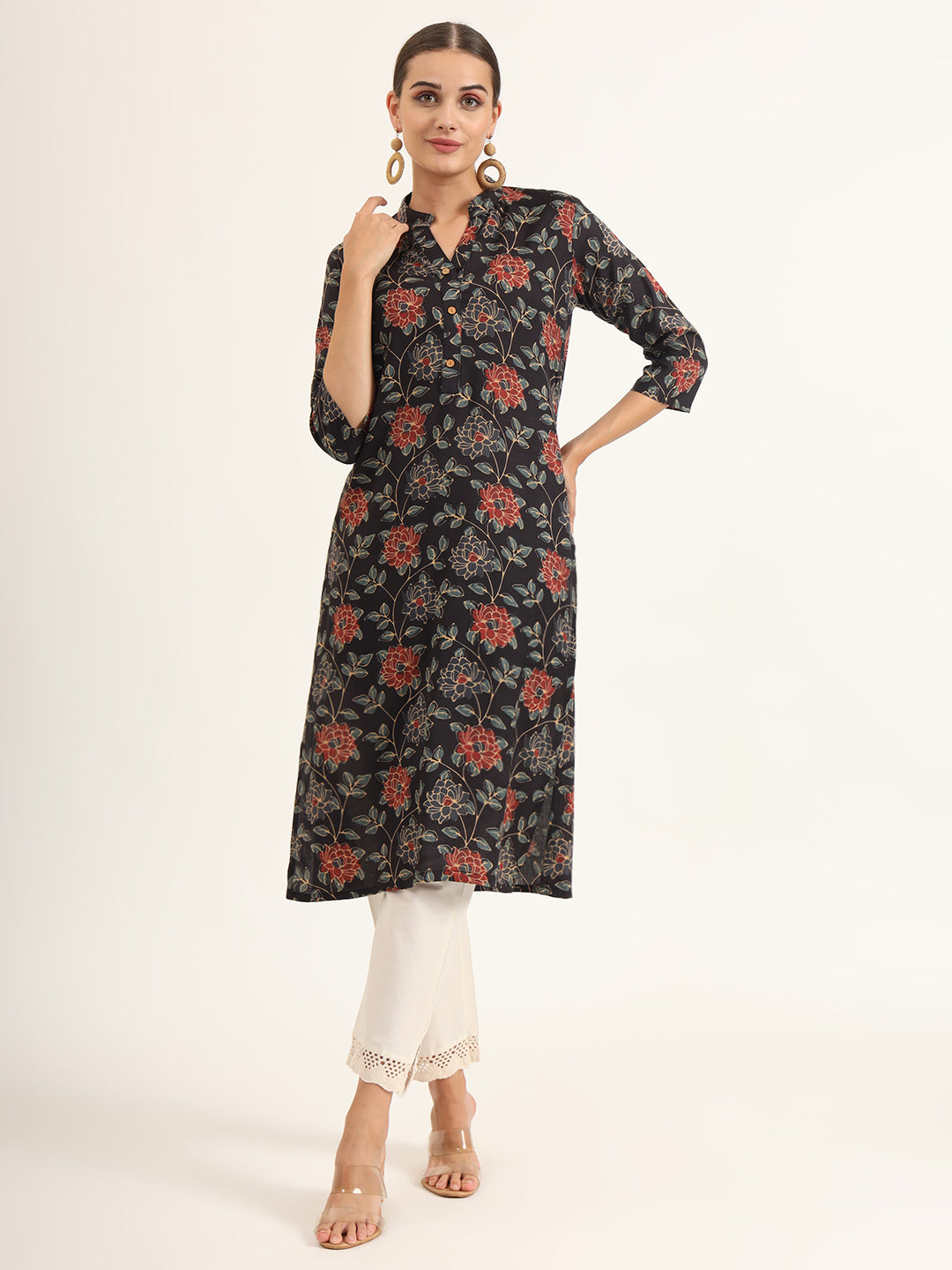 Black Floral Print Rayon Straight Kurta