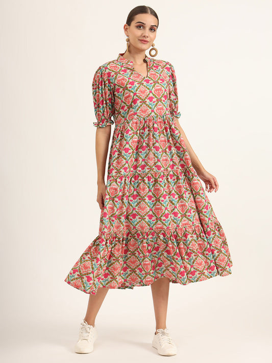 Multi Color Floral Print Midi Dress