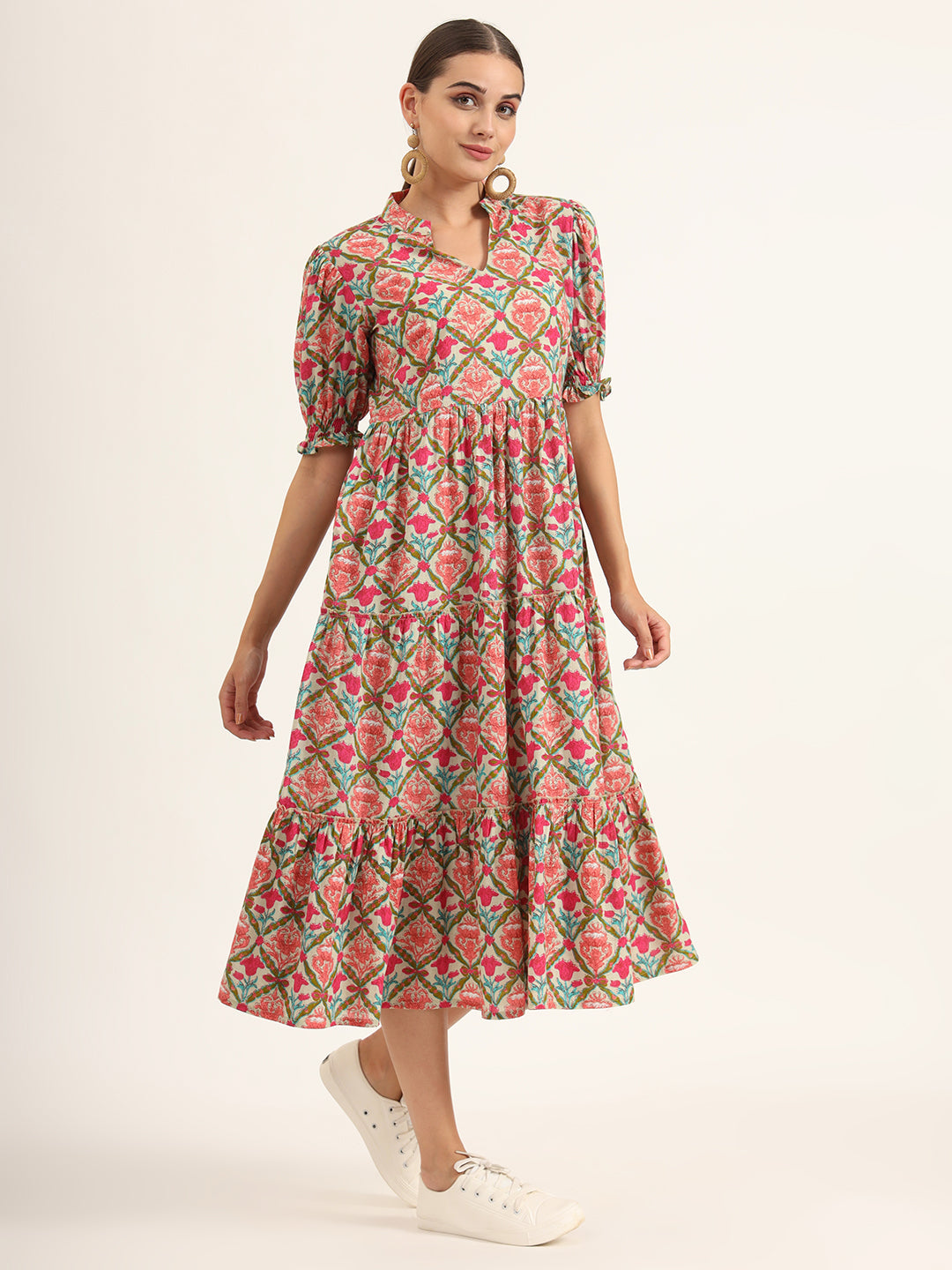 Multi Color Floral Print Midi Dress