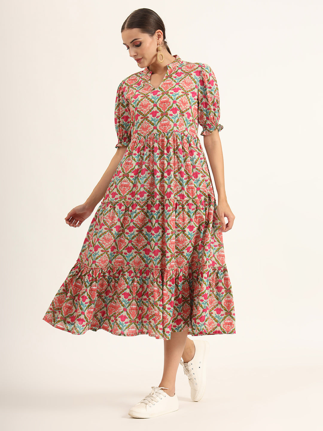 Multi Color Floral Print Midi Dress