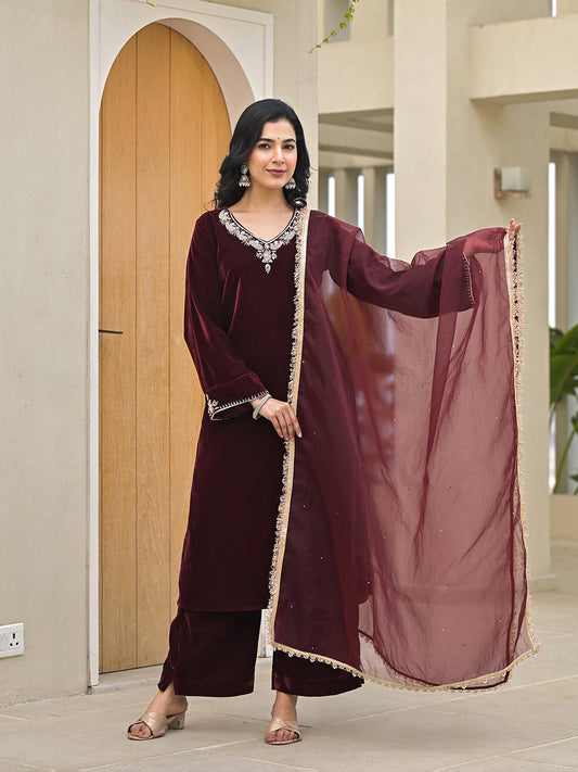 Embroidered Maroon Velvet Kurta Pant Dupatta Set for Women