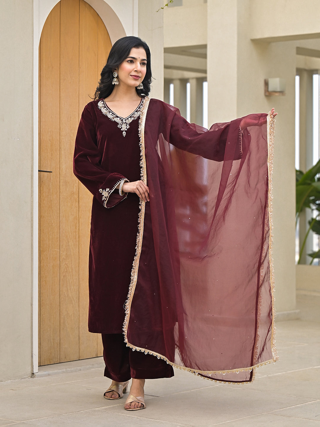 Embroidered Maroon Velvet Kurta Pant Dupatta Set for Women