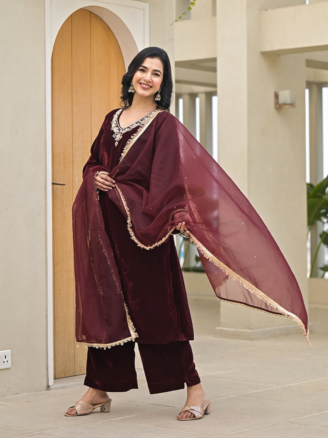 Embroidered Maroon Velvet Kurta Pant Dupatta Set for Women