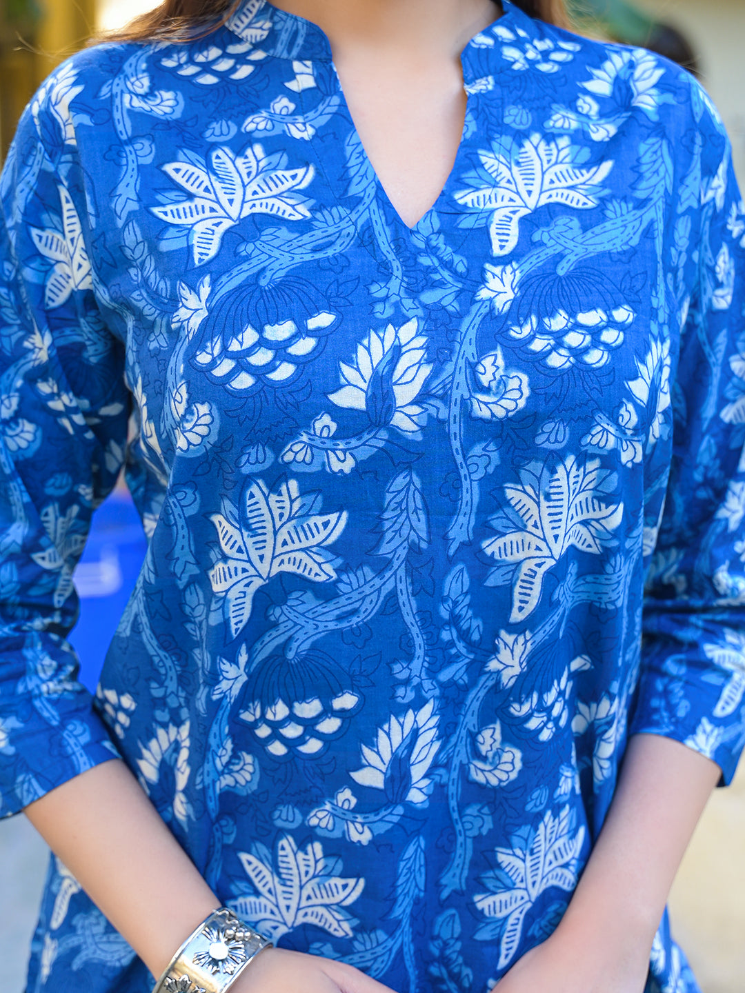 Blue Floral Print Cotton Fabric Kurta with Pant