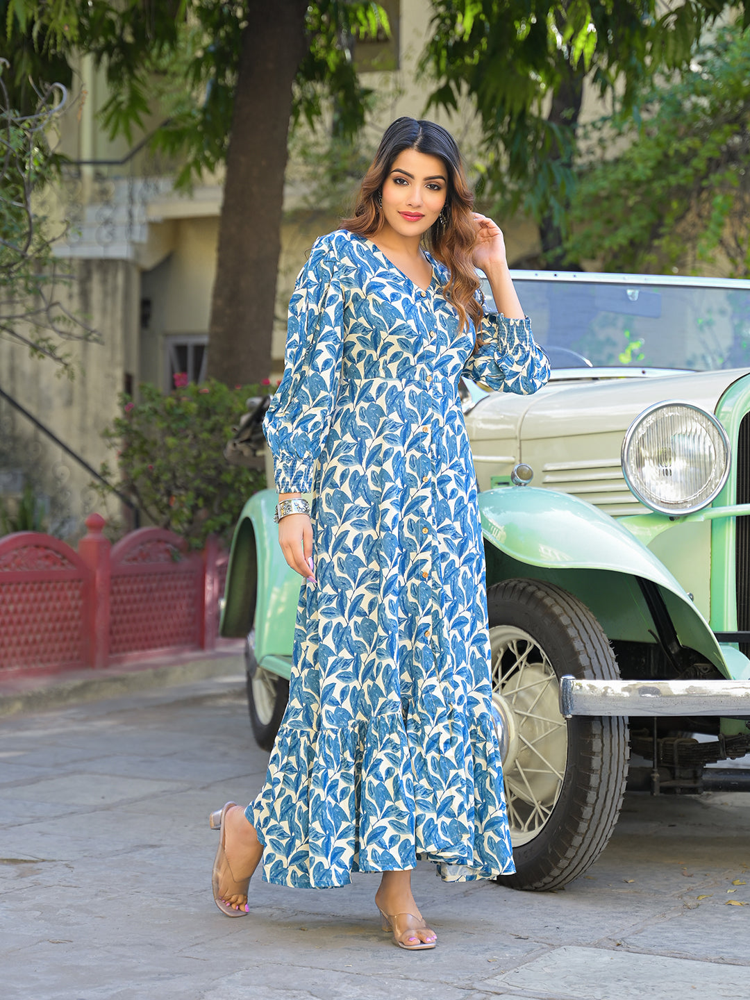 Blue Floral Print Rayon Fabric Flared Long Dress