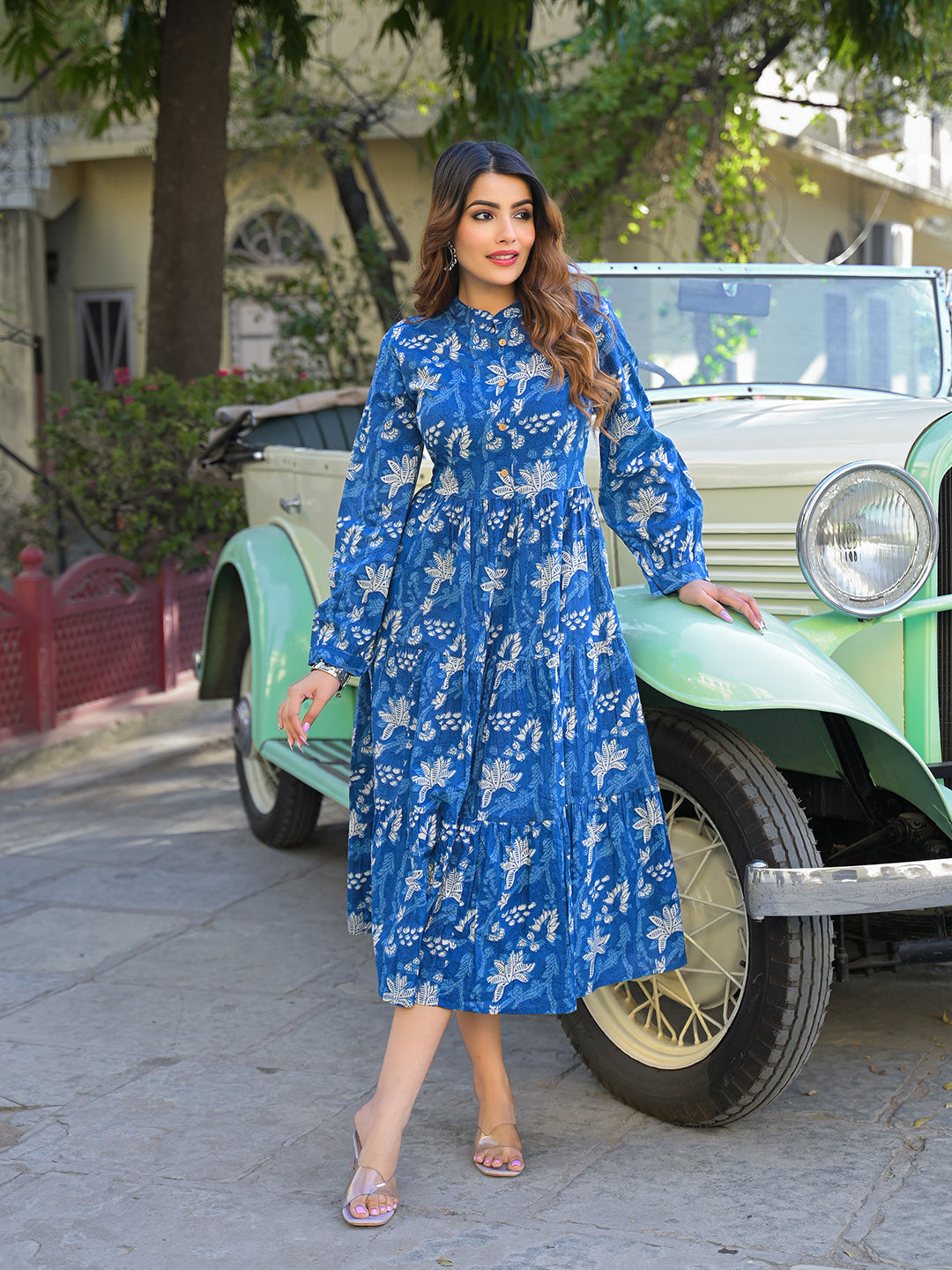 Blue Floral Print Cotton Fabric Flared Dress