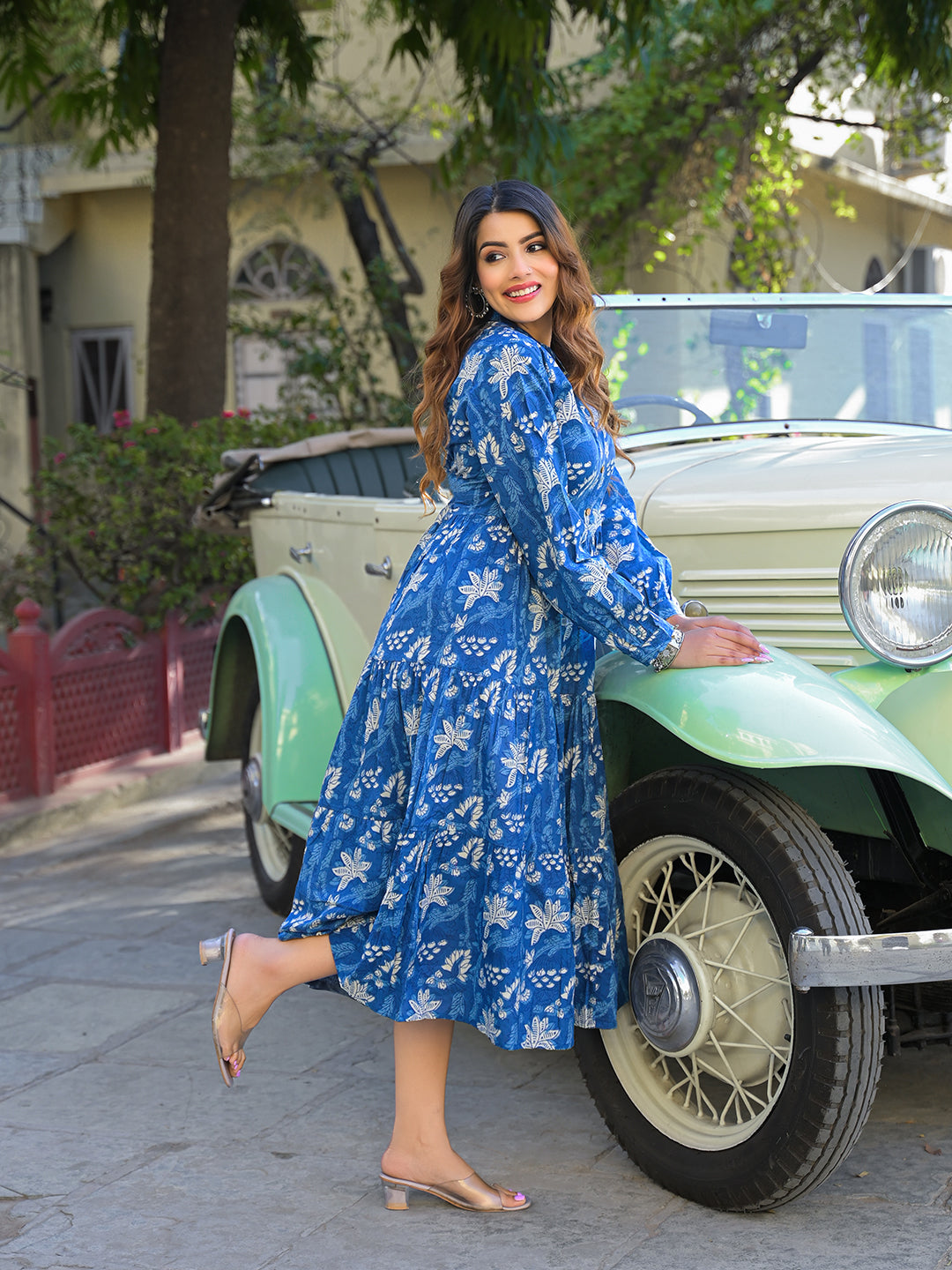 Blue Floral Print Cotton Fabric Flared Dress