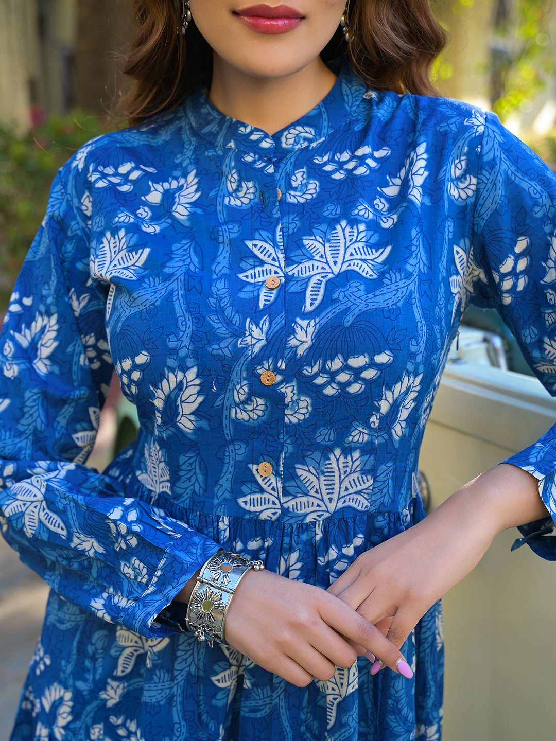 Blue Floral Print Cotton Fabric Flared Dress
