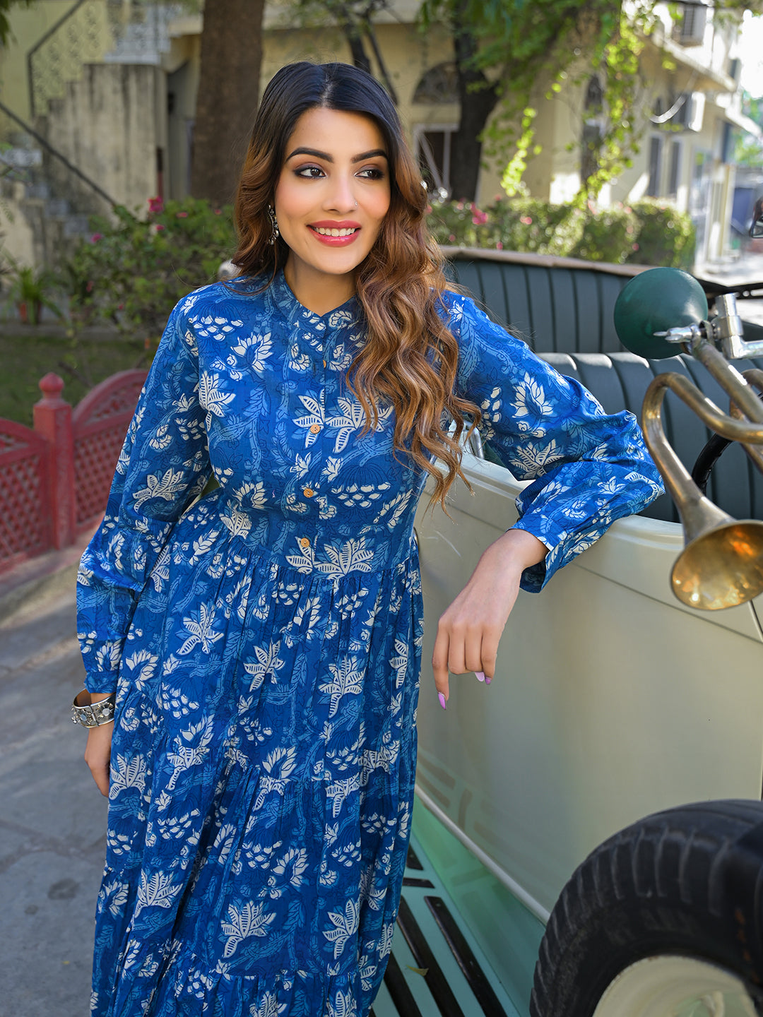 Blue Floral Print Cotton Fabric Flared Dress
