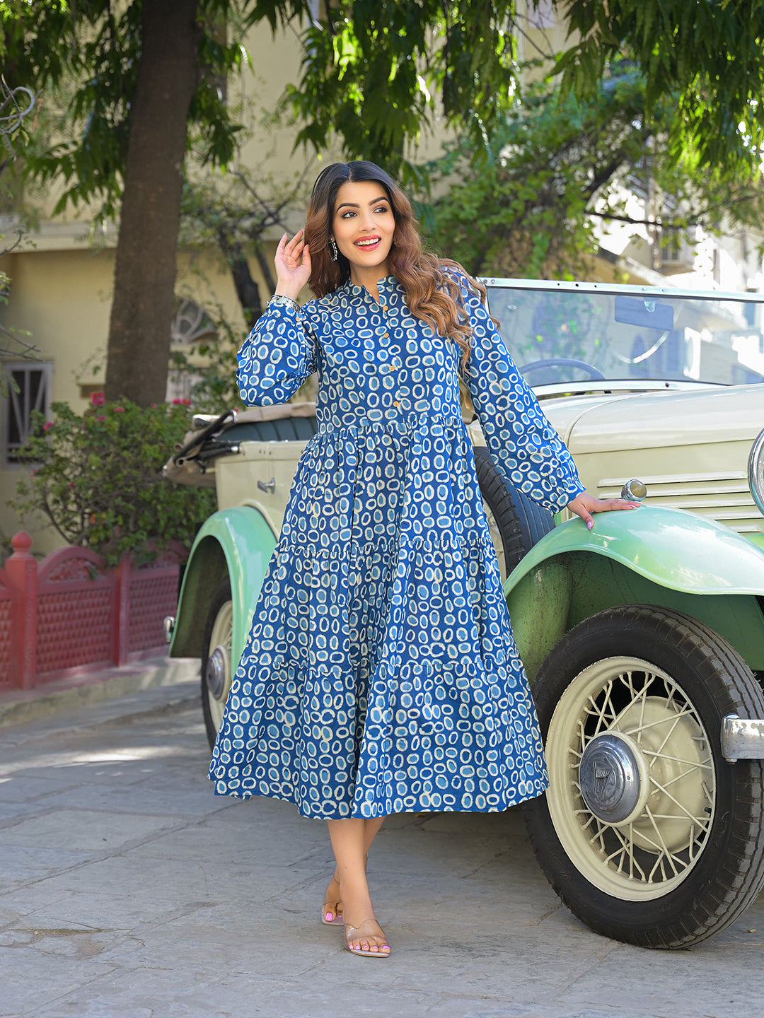 Blue Floral Print Cotton Fabric Fit Flared Dress
