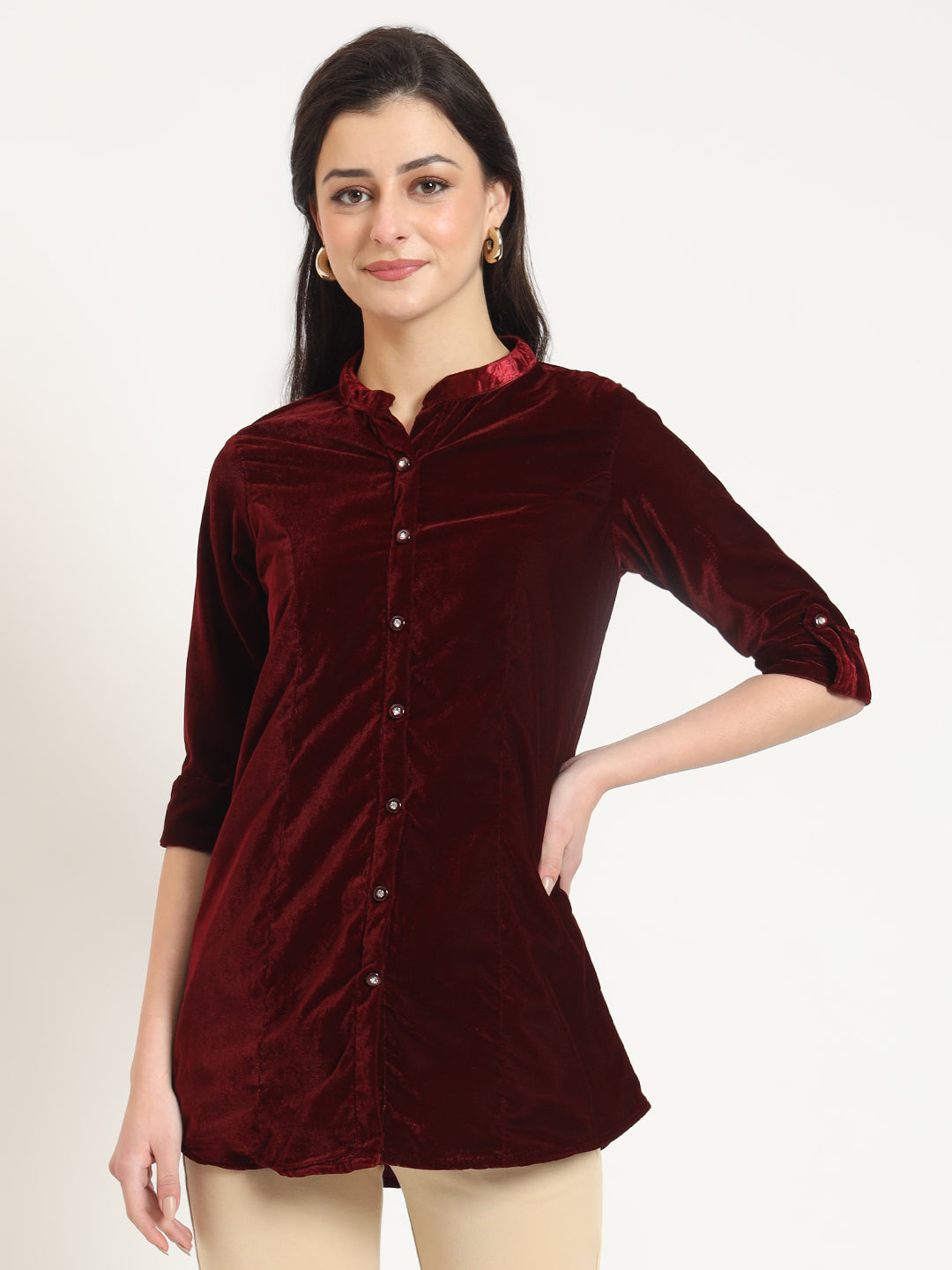 Maroon Solid Print Velvet Straight Top