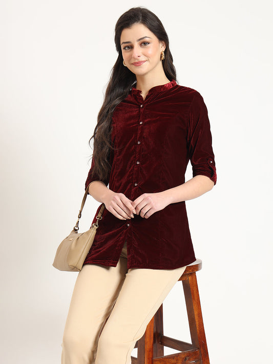 Maroon Solid Print Velvet Straight Top