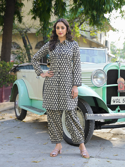 Black Ethnic Printed Cotton Fabric Shirt Kurta With Trouser
