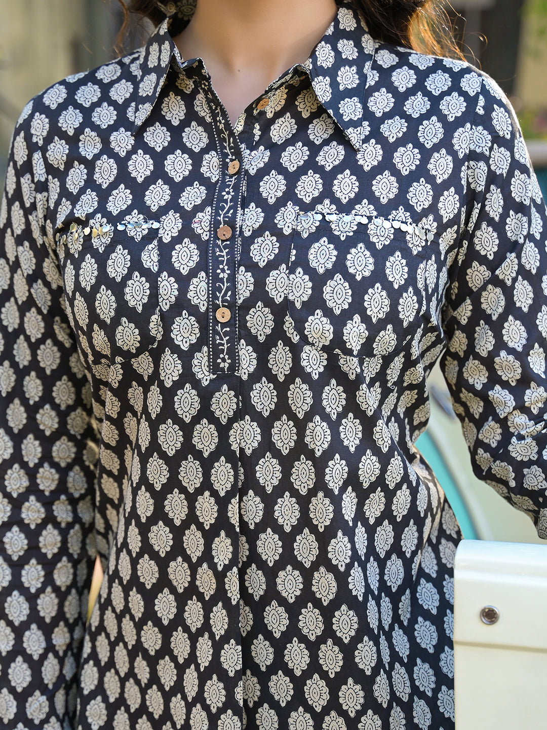 Black Ethnic Printed Cotton Fabric Shirt Kurta With Trouser