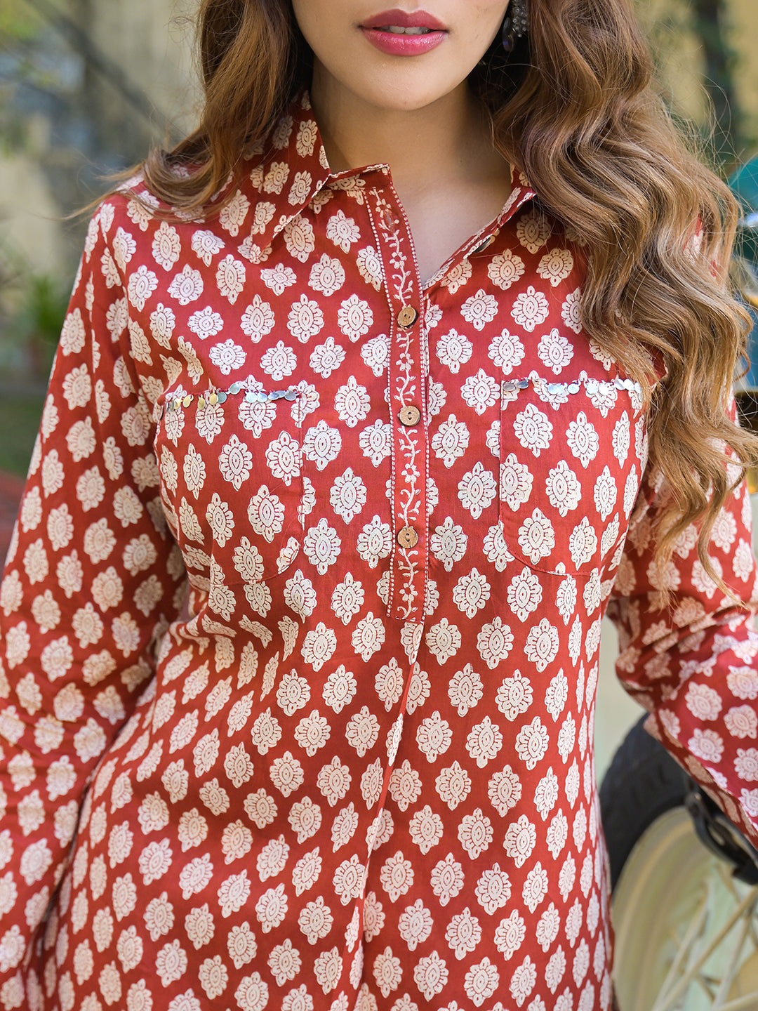 Red Ethnic Printed Cotton Fabric Shirt Kurta With Trouser