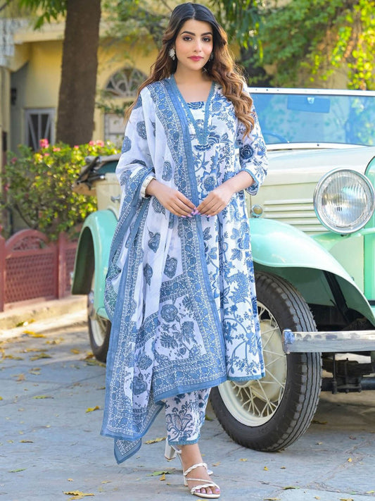 Floral Printed Anarkali Pure Cotton Kurta with Trousers & Dupatta