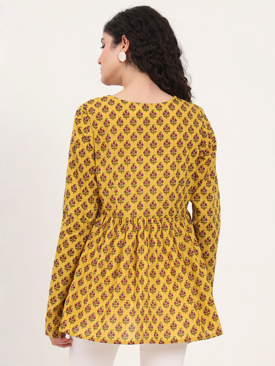 Yellow Floral Printed V Neck Cotton Top