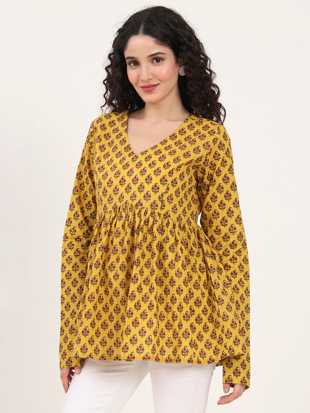 Yellow Floral Printed V Neck Cotton Top