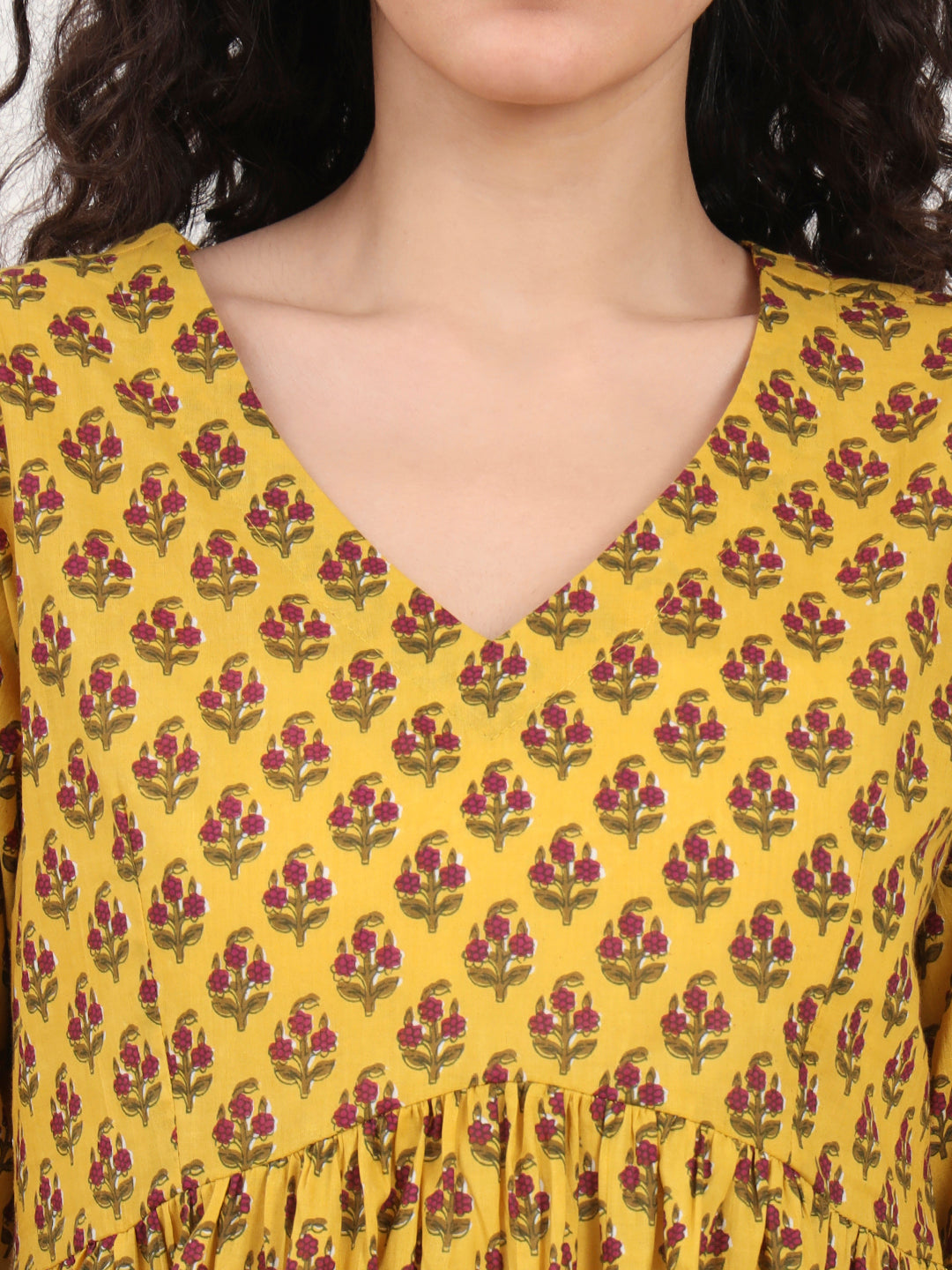 Yellow Floral Printed V Neck Cotton Top